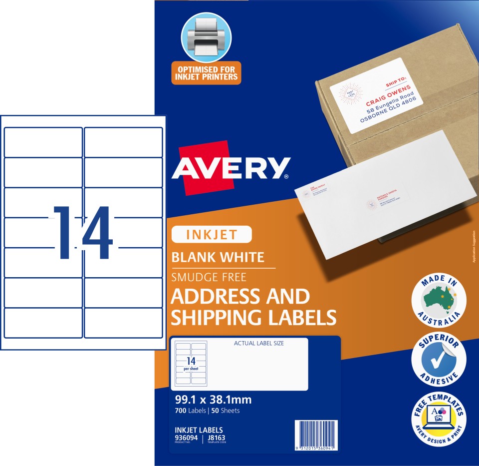 Avery Quick Peel Address Labels Sure Feed Inkjet Printers 99.1 x 38.1mm 700 Labels (936044 / J8163)