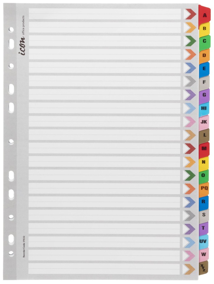 Icon Indices Cardboard Reinforced Tabs A-Z A4 White with Assorted Tabs
