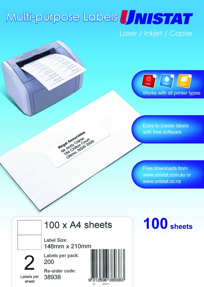 Unistat 38938 Labels Copier/Laser Dl02 Box 100