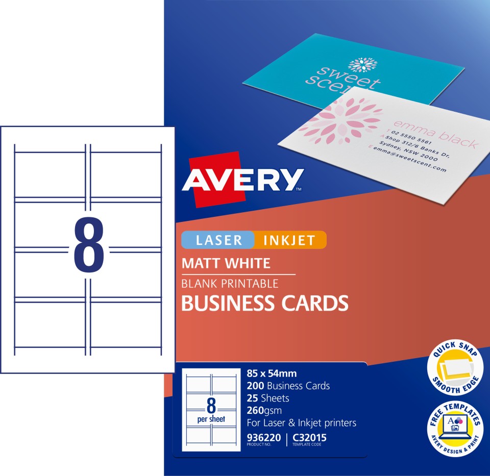 Avery Printable Business Cards 260gsm 85mm X 54mm White Matt Finish Double Sided Pack Of 200