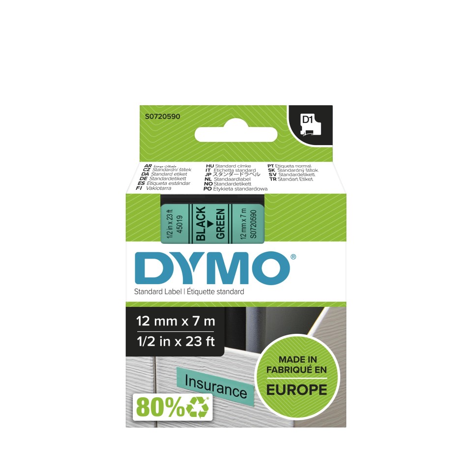 Dymo D1 Label Printer Tape Black On Green 12mmx7m