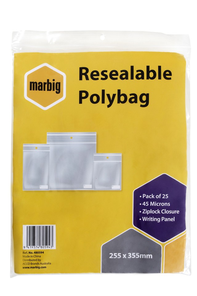 Marbig Resealable Polybag 255 x 355mm Writing Panel Ziplock Closure 45 Microns Pack 25