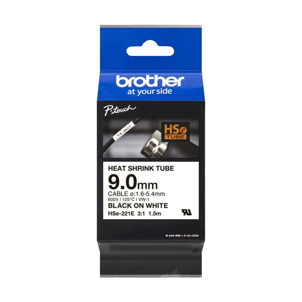 Brother HSe-221E Heat Shrink Tube Black On White 9.0mmx1.5m