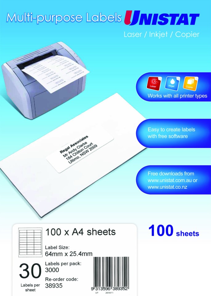 Unistat 38935 Labels Copier Laser Dl30 Box 3000