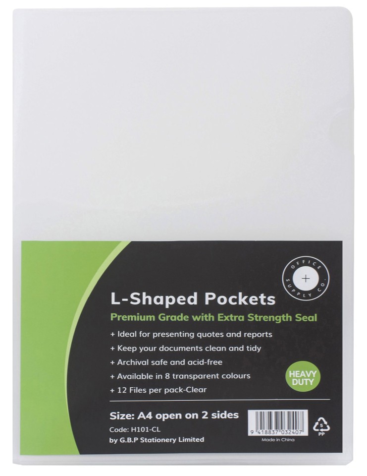 OSC L Shaped Pockets Heavy Duty A4 Clear Pack 12