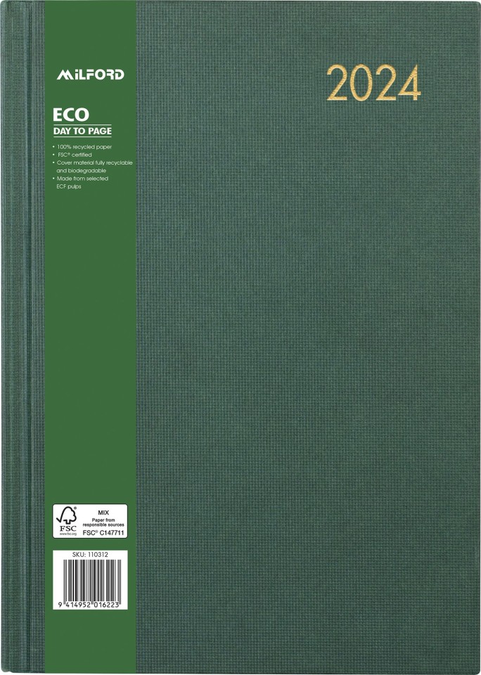 Milford 2024 Hardcover Eco Diary A4 Day To Page Green