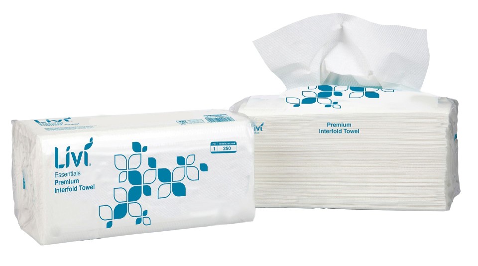 Livi Essentials Premium Interfold Hand Towel 1 Ply White 250 Sheets per Pack 1421 Carton of 16