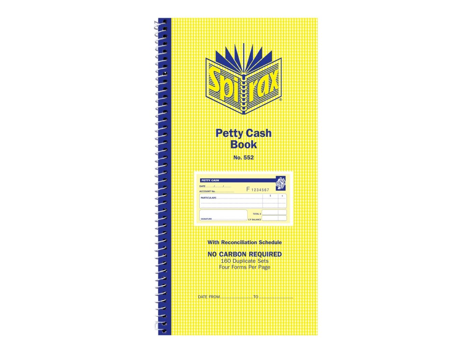 Spirax 552 Petty Cash Book No Carbon Required 279x144mm 160 Duplicates