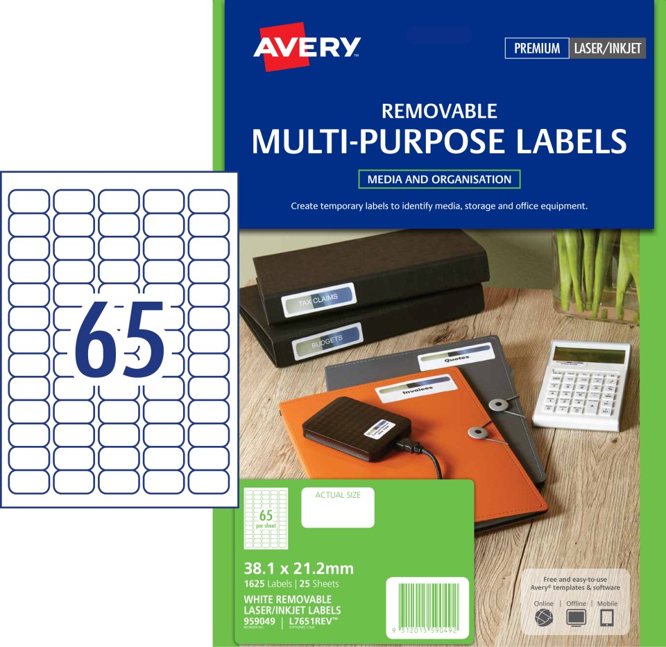 Avery Removable Labels Laser Inket Printer 959049/L7651REV 38.1x21.2mm 65 Per Sheet Pack 1625 Labels