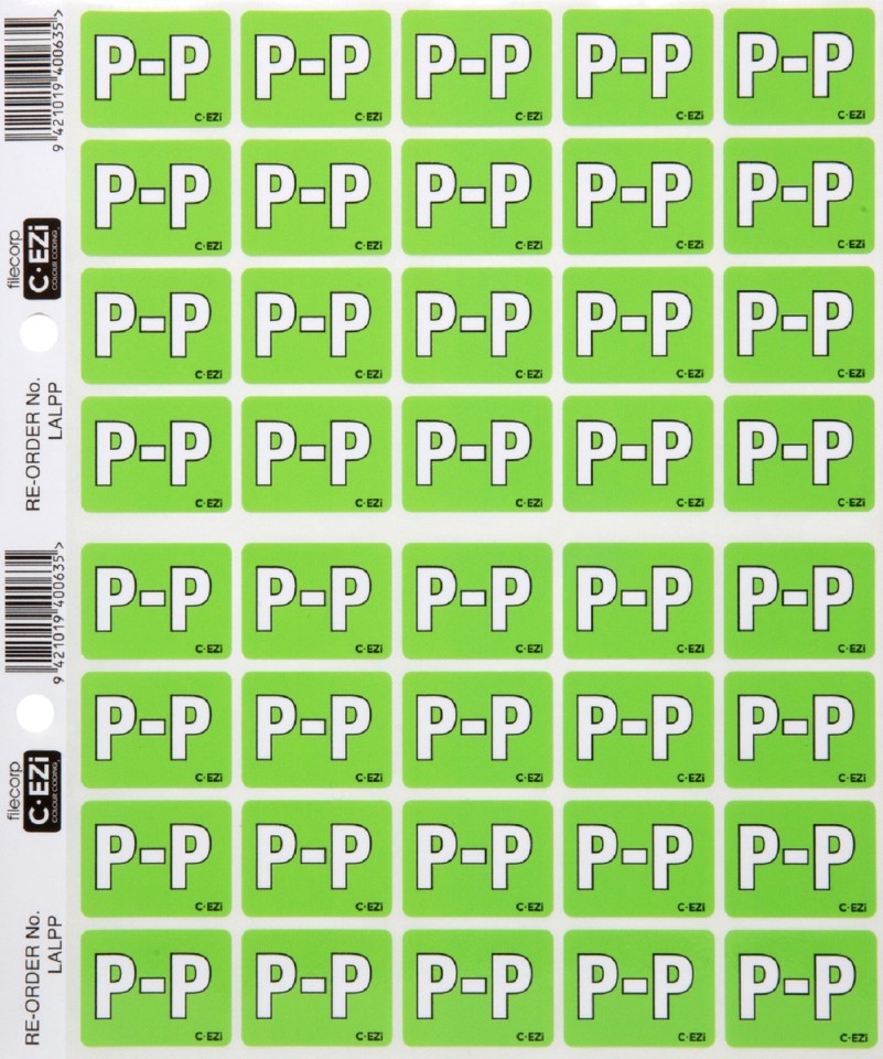 Filecorp C-Ezi Lateral File Labels Alpha Letter P 24mm Sheet 40