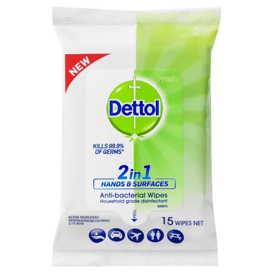 Dettol 2 in 1 Antibacterial Hands & Surfaces Wipes Pack of 15