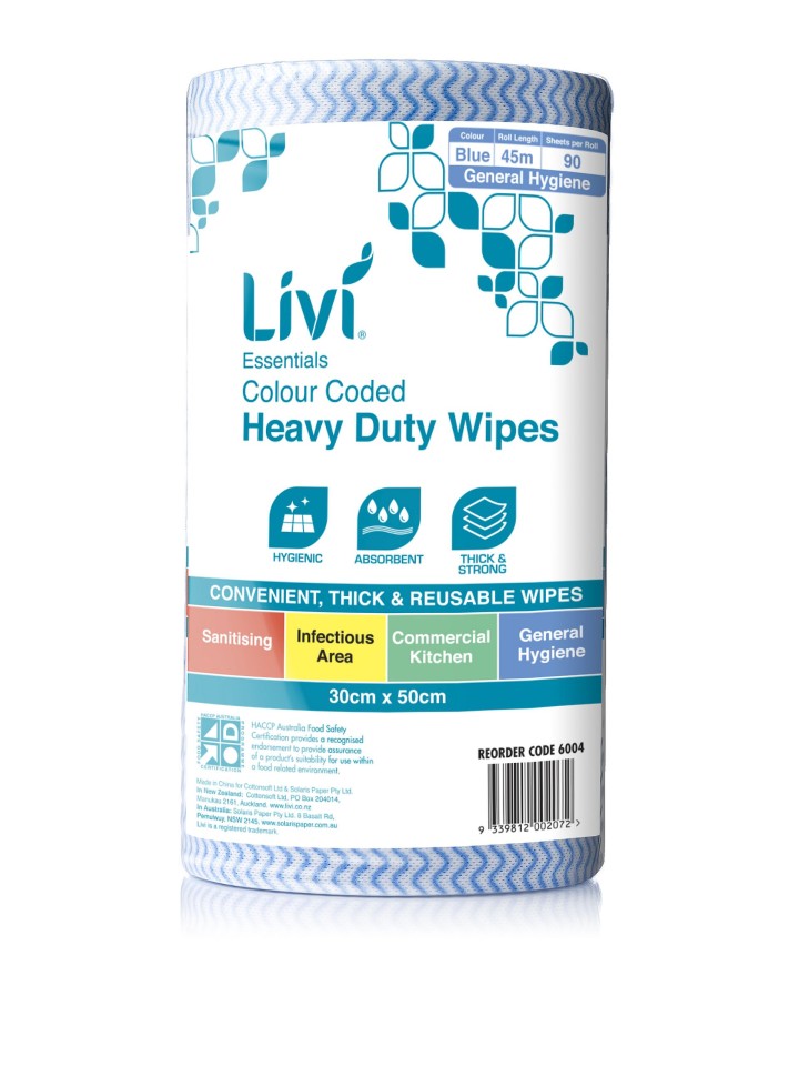 Livi Cloth Wipe Blue 90 Sheets per Roll 6004 Carton of 4