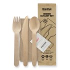 Biopak FSC Certified Wooden 160mm Cutlery Set Knife Fork Spoon Napkin Salt & Pepper Box 100 image