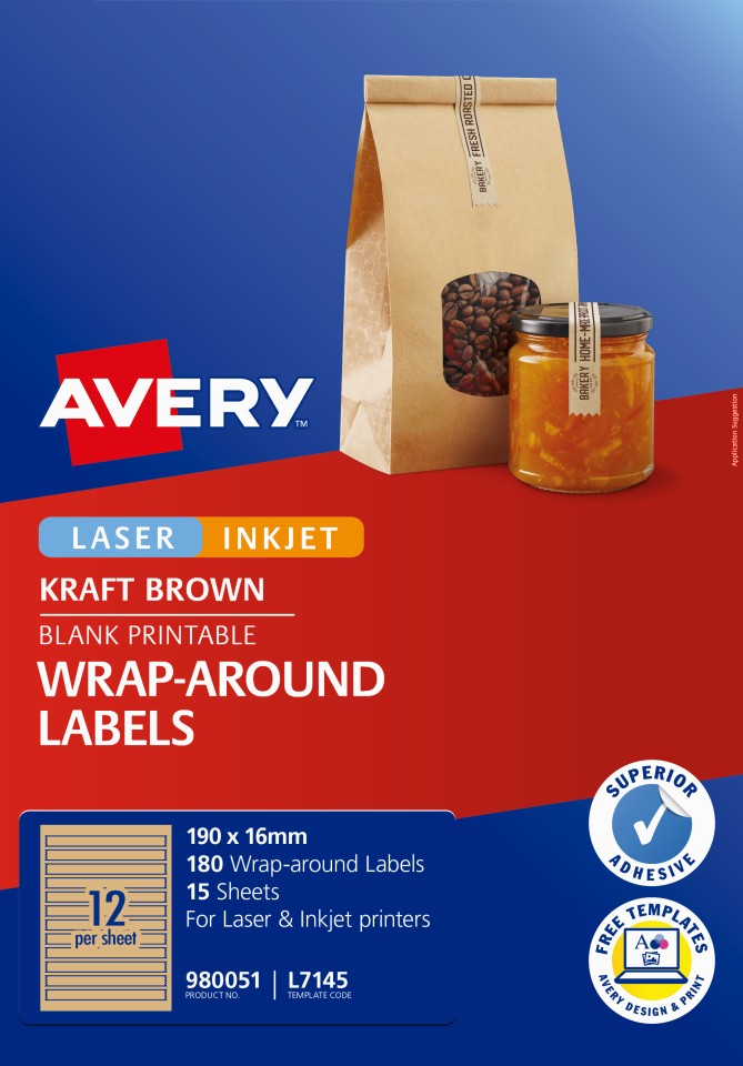 Avery Kraft Brown Wrap Laser & Inkjet Printers 190 X 16mm Permanent Pack 180 Labels (980051 / L7145)