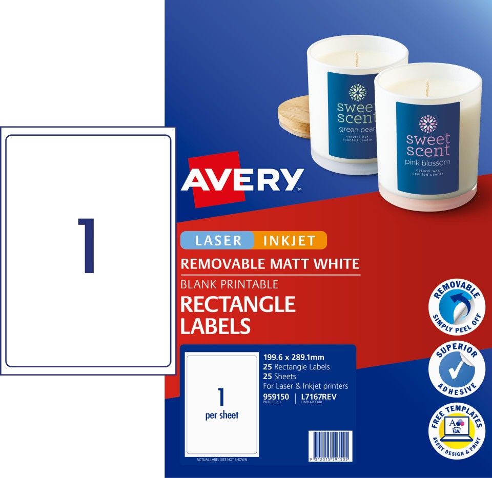 Avery Removable Multipurpose Labels Laser Inkjet Print 199.6 x 289.1mm 25 Labels (959150 / L7167REV)