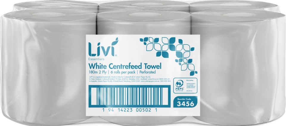 Livi Essentials Centrefeed Towel 2 Ply White 180 meter per Roll 3456 Carton of 6