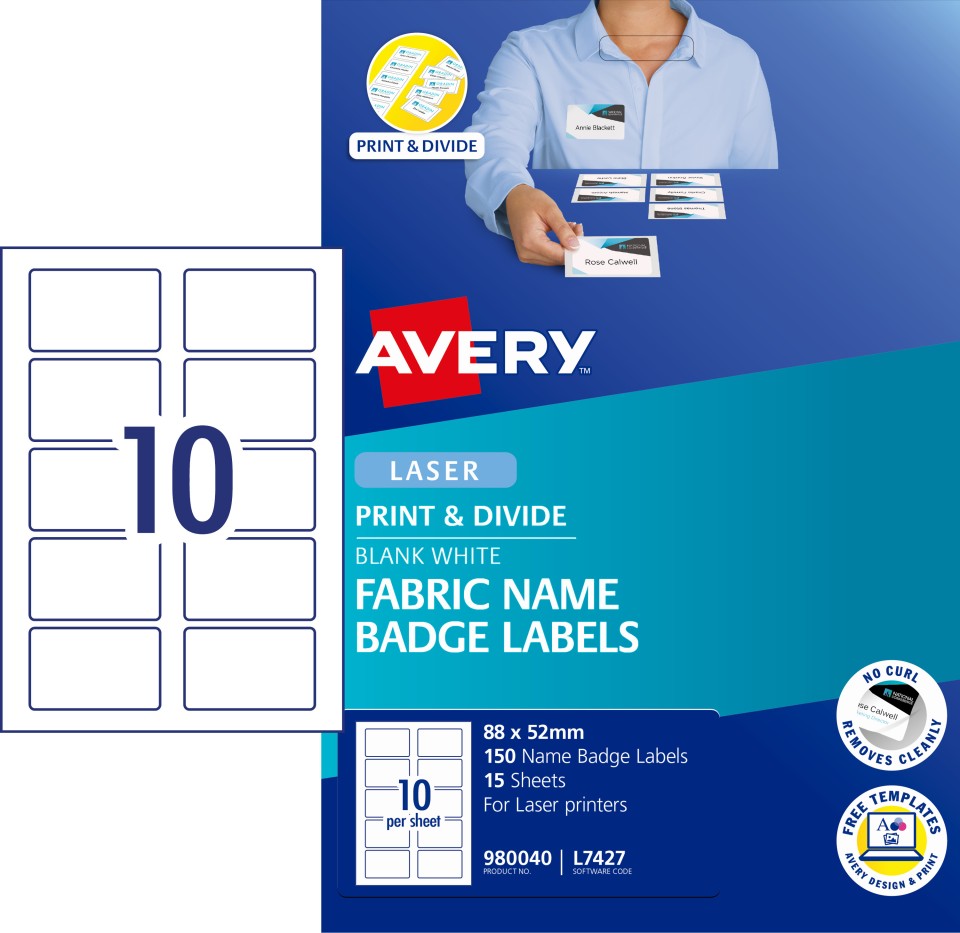 Avery Name Badge Labels Laser Printer Fabric Print&Divide 980040/L7427 88x52mm White Pack 150 Label