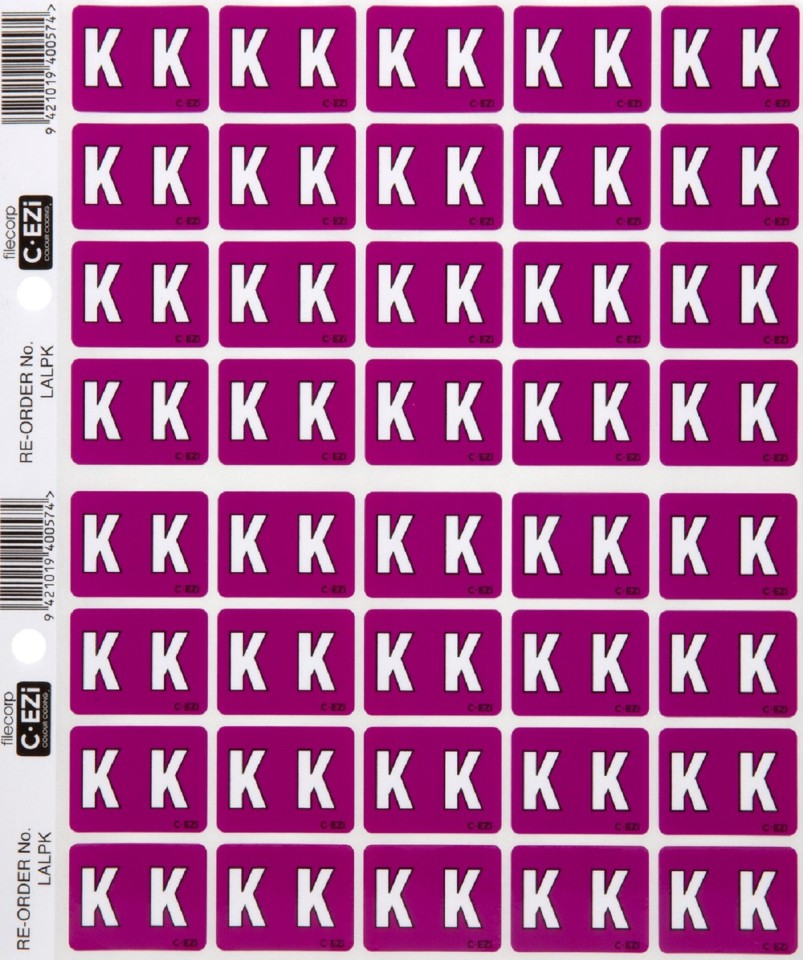 Filecorp C-Ezi Lateral File Labels Alpha Letter K 24mm Sheet 40