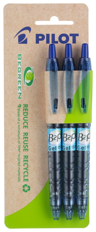Pilot B2P Begreen Gel Ink Pen Retractable Fine Blue Pack 3