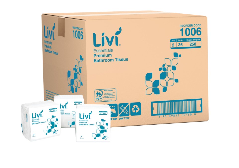 Livi Essentials Premium Interleaved Toilet Tissue 2 Ply White 250 Sheets per Pack 1006 Carton of 36