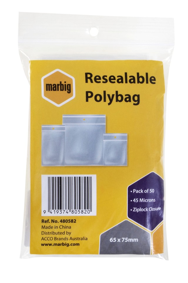 Marbig Resealable Polybag 65 x 75mm Ziplock Closure 45 Microns Pack 50