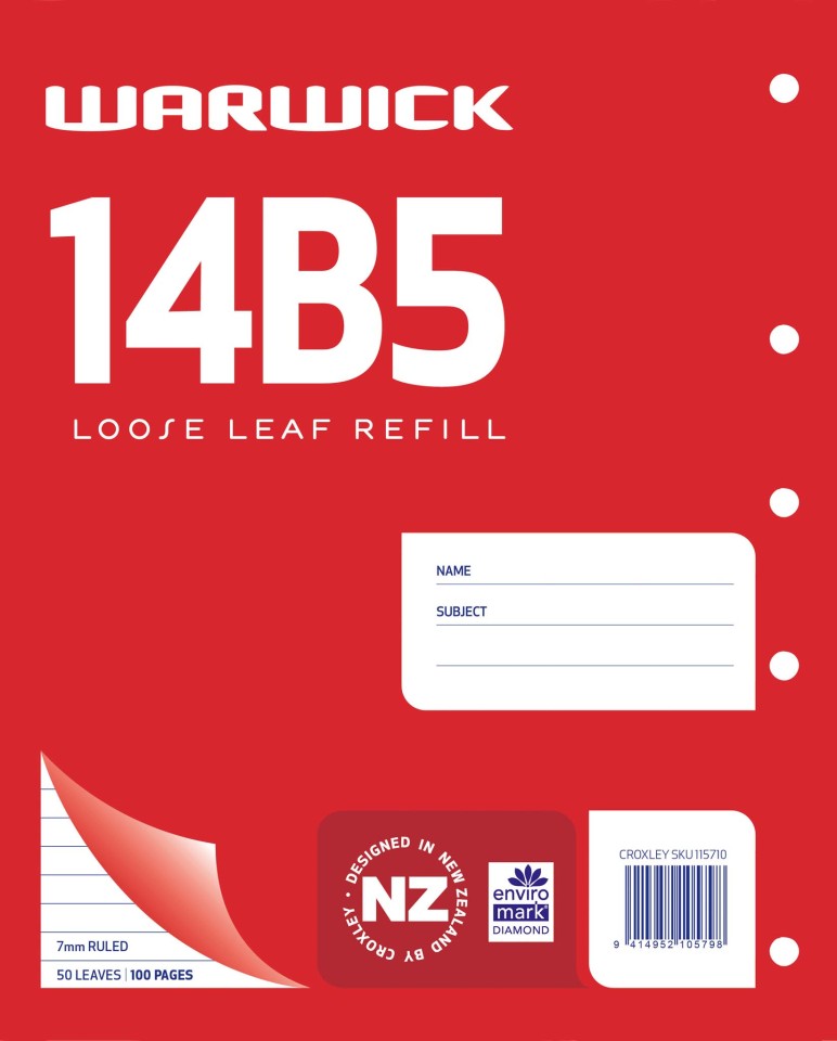 Warwick Refill 14B5 Loose Leaf 50 Leaf Ruled 7mm 255x205mm