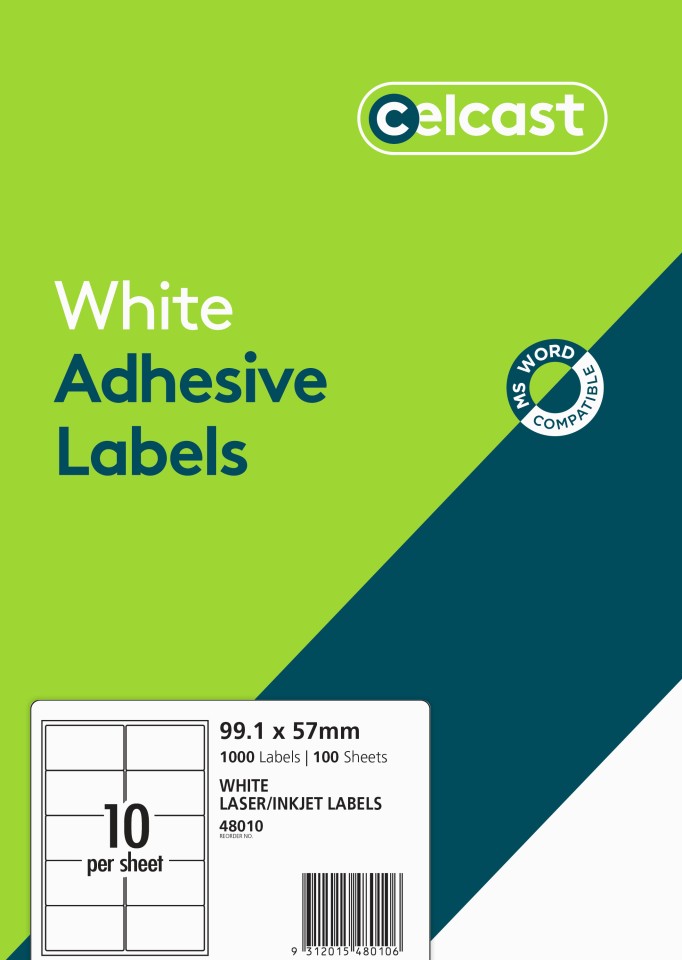 Celcast Labels 48010 99.1x57mm 10 Per Sheet Pack 1000 Labels