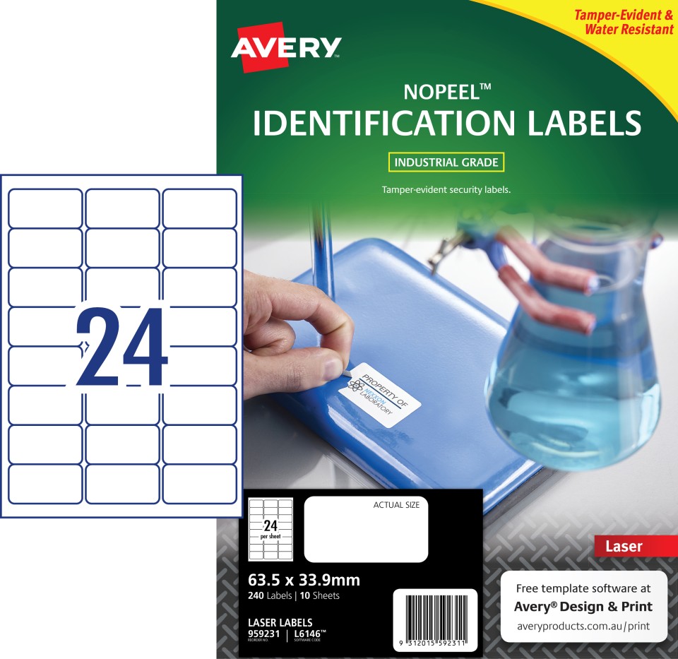 Avery L6146 Tamper Evident Security White Laser Labels 63.5x33.9mm 24up 10/pk 240 labels/pk