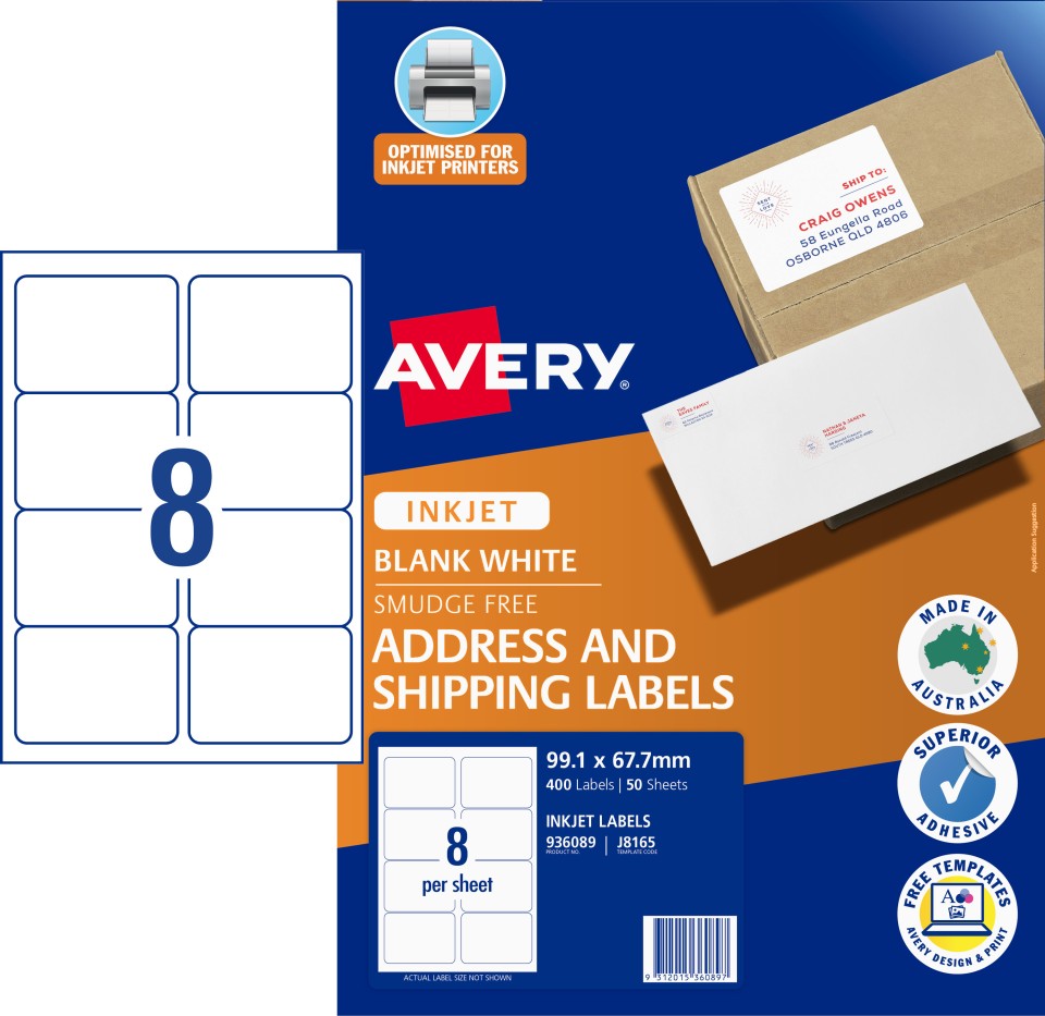 Avery Shipping Labels Inkjet Printer 936089 99.1x67.7mm White Pack 400 Labels