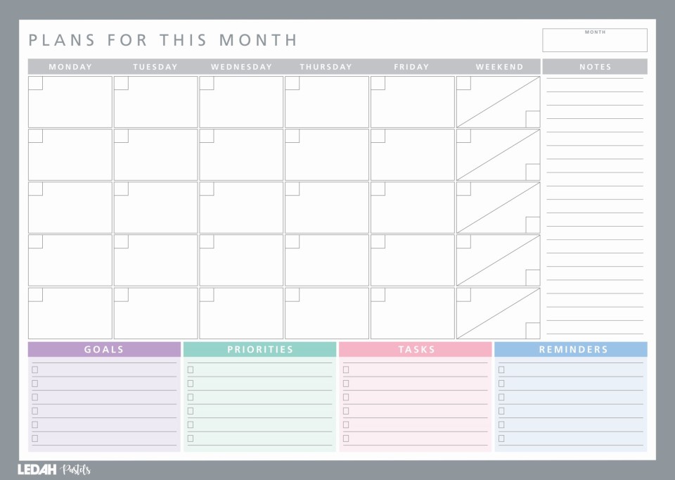 Ledah Pastels Monthly Desk Planner A3 20 Sheets