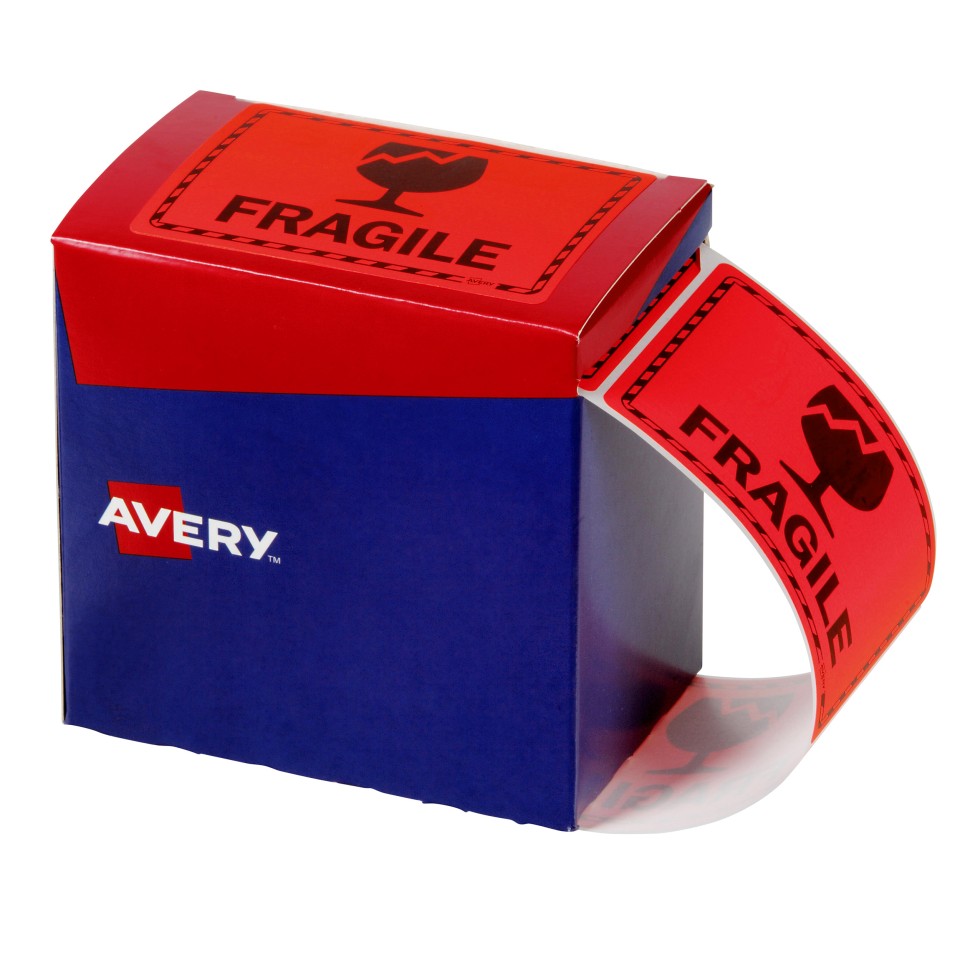 Avery Fragile Labels, 75 x 99.6 mm, Red, 750 Labels (932603)