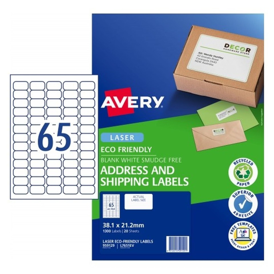 Avery Address Labels Eco Laser Printer 959129 /L7651EV 38.1x21.2mm 65 Per Sheet Pack 1300 Labels