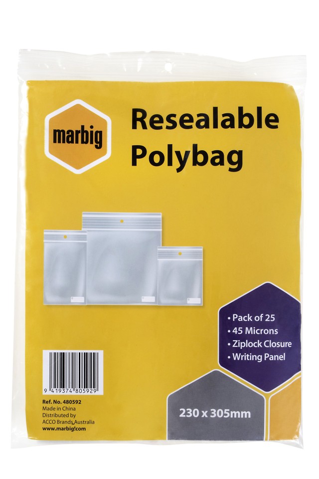 Marbig Resealable Polybag 230 x 305mm Writing Panel Ziplock Closure 45 Microns Pack 25