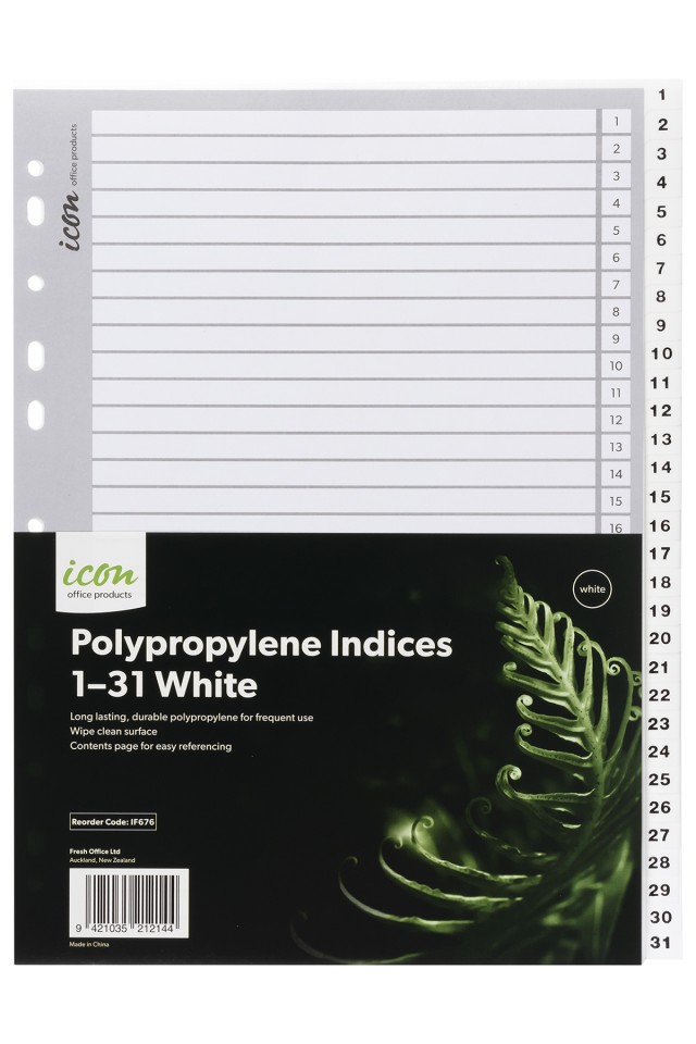 Icon Polyprop Indices 1-31 White Each