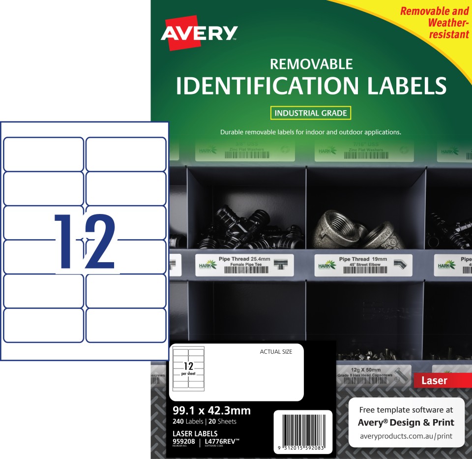 Avery White Heavy Duty Labels Removeable Laser Printers 99.1x42.3mm 12 Per Sheet 240 Labels 959208