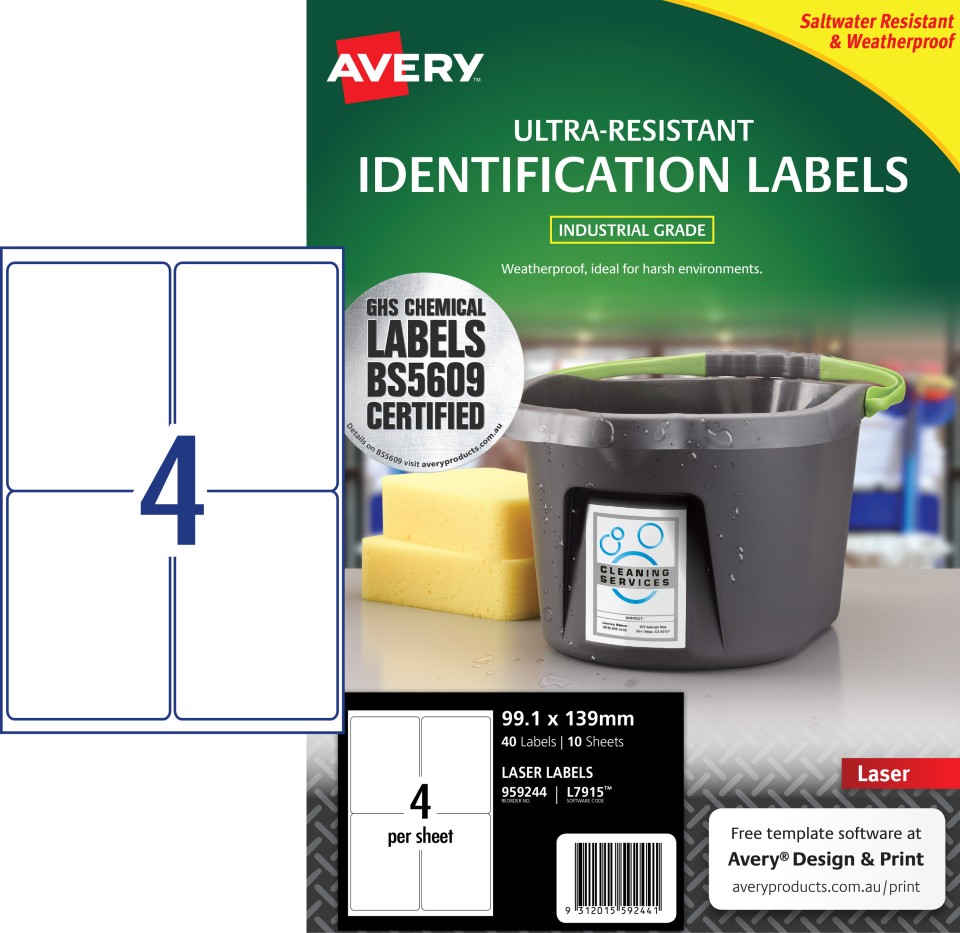 Avery L7915 Ultra Resistant Laser Labels 99.1x139 4up 10/pk