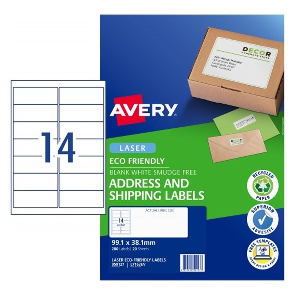 Avery Address Labels Eco Laser Printer 959127/L7163EV 99.1x38.1mm 14 Per Sheet Pack 280 Labels