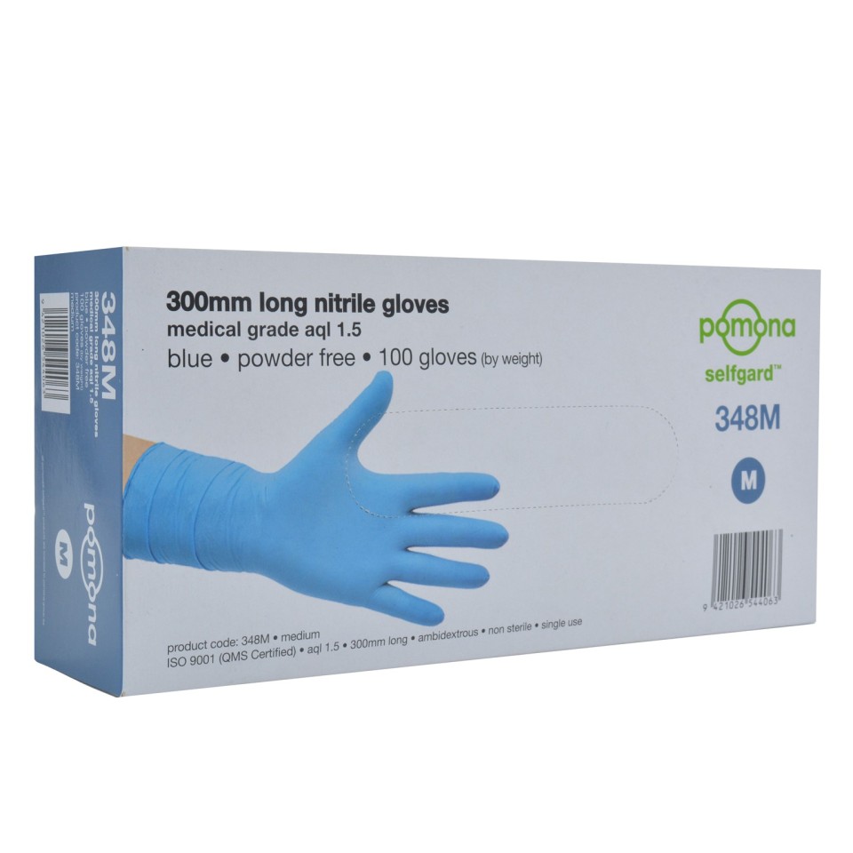 Pomona Nitrile Long Cuff Gloves 300mm Box 100 Medium