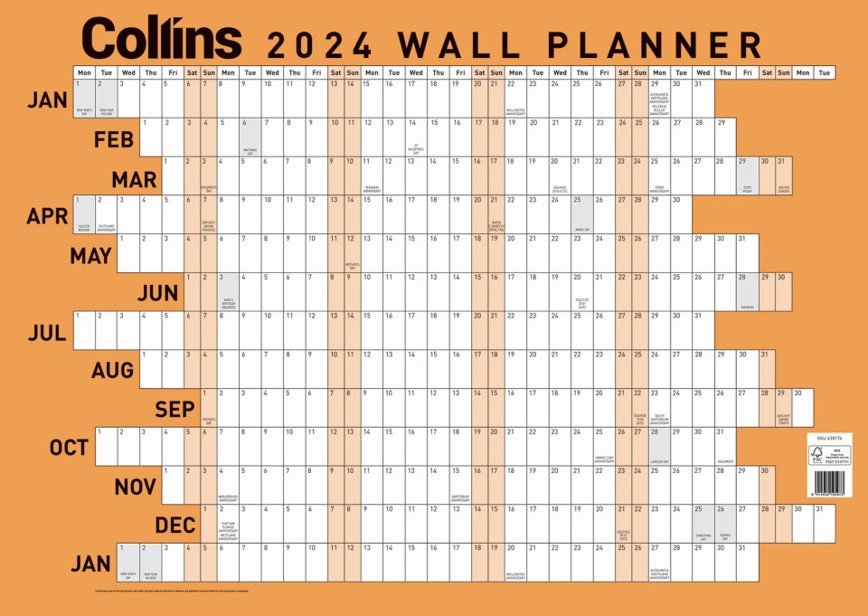 Collins 2024 Wall Planner A3 Orange