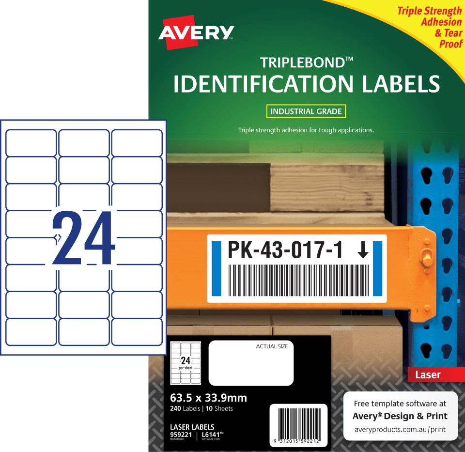 Avery L6141 Triple-Bond ID  Laser Labels 63.5x33.9mm 24up 10/pk 240 labels/pk