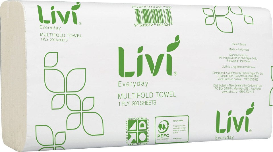 Livi Everyday Slimfold Towel 1 Ply 200 Sheets Case of 20