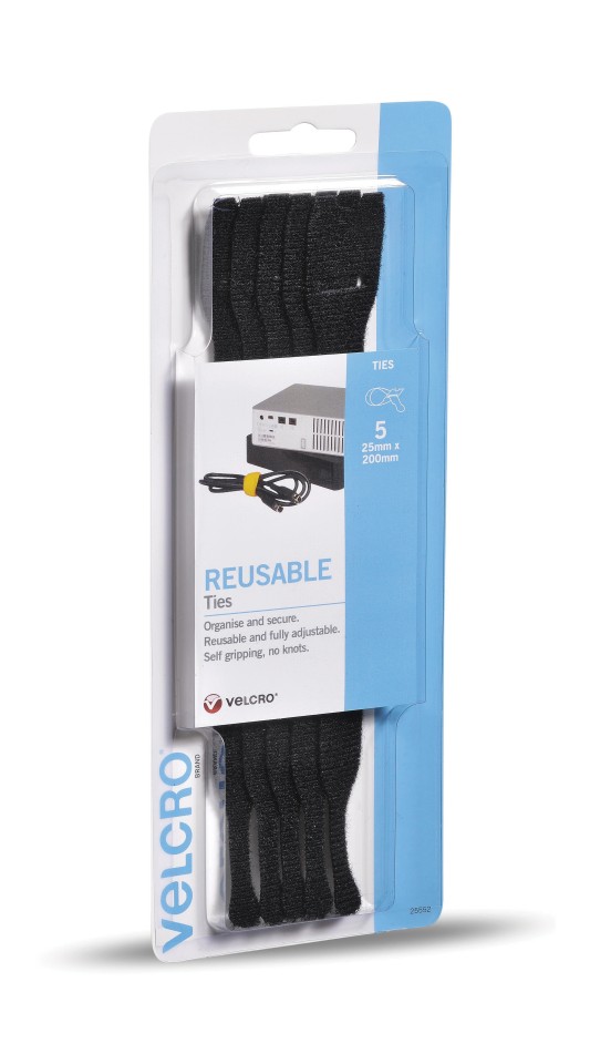 Velcro One-Wrap Reusable Ties 25x200mm Black Pack 5