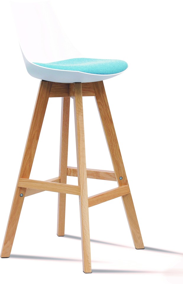 Knight Luna White Barstool With Oak Base & Upholstered Cushion Ice Blue