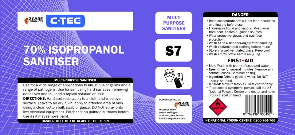 C-TEC IPA 70% Isopropanol Sanitiser Bottle Label