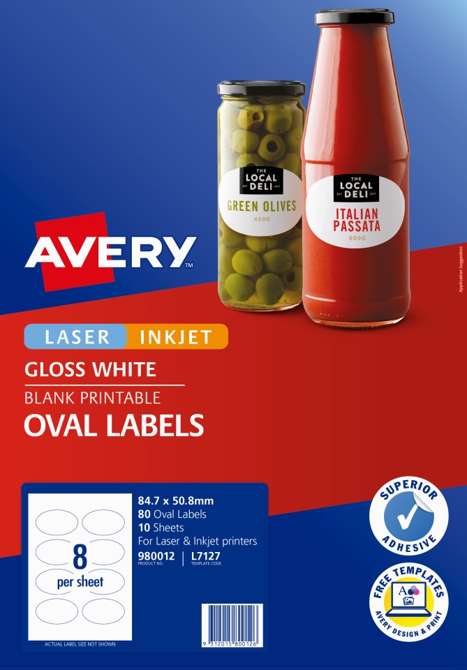 Avery Gloss Oval Labels  Laser & Inkjet Printers 84.7 X 50.8mm Pack 80 Labels (980012 / L7127)