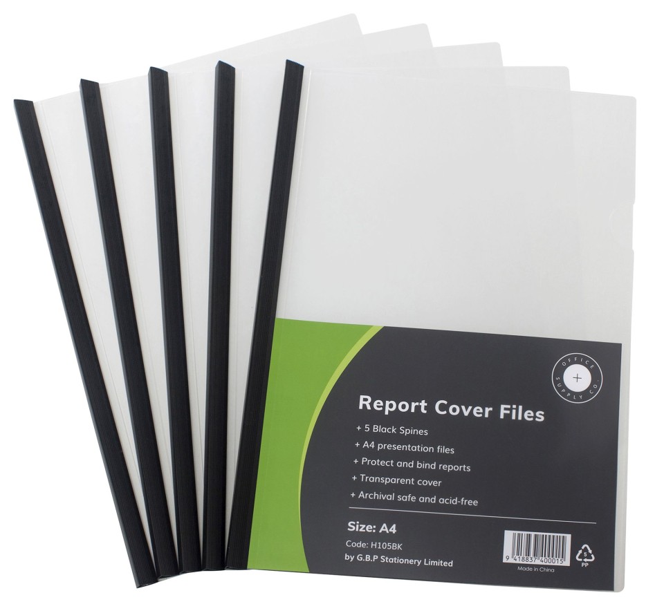 Clear Cover Report File With Black Slide Spine Pk5