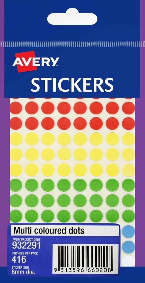 Avery Multi-Purpose Stickers Circle 932291 18mm Assorted Colours Pack 416