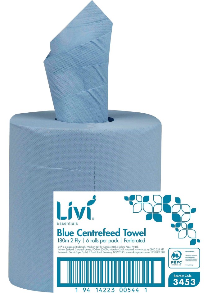 Livi Essential Centre Feed Towel 2 Ply Blue 180 meters per Roll 3453 Case of 6