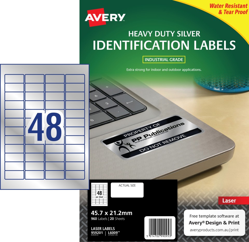 Avery Silver Heavy Duty Labels Laser Printers 45.7x21.2mm 48 Per Sheet 960 Labels 959201 / L6009