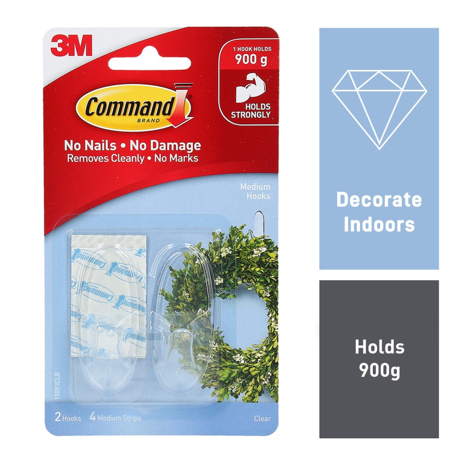 3M Command Medium Hooks Clear Pack 2